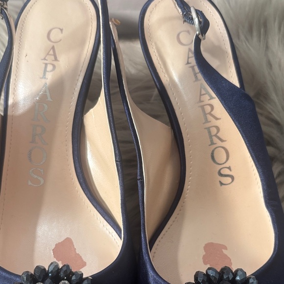 Caparros Navy Blue Satin Peep Toe Slingback Heels with Rhinestones Size 9 - Picture 4 of 11
